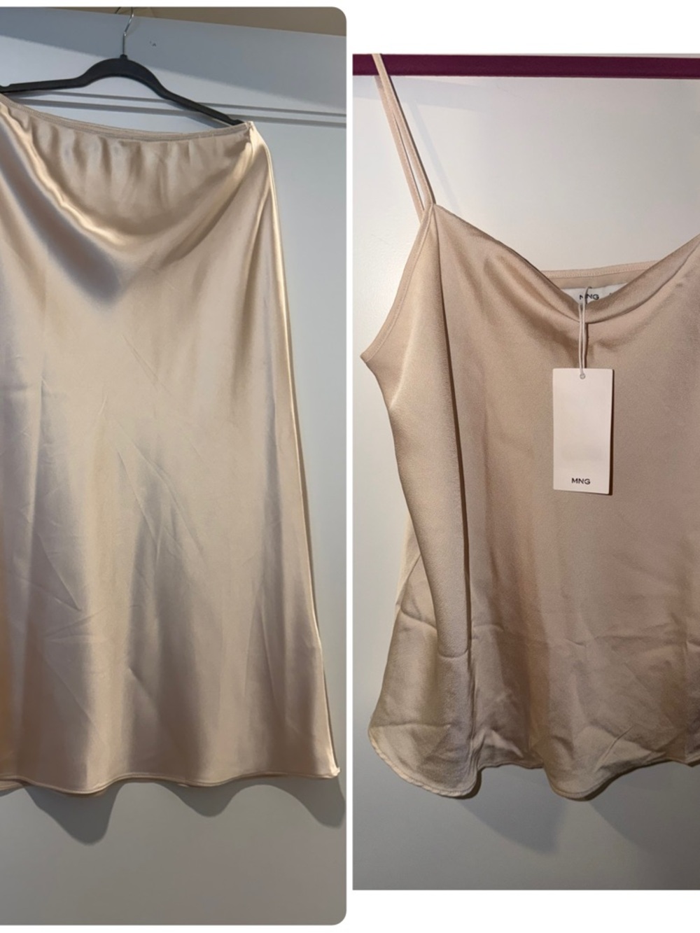 Mango SET Cream Pearl Satin Skirt and Top